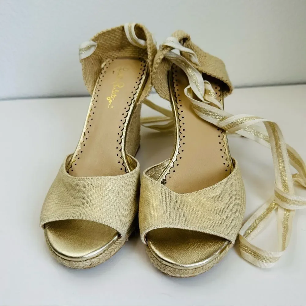 Lily Pulitzer Natural Gold Peep Toe‎ Ankle Tie Up Straw Wedges Size 8